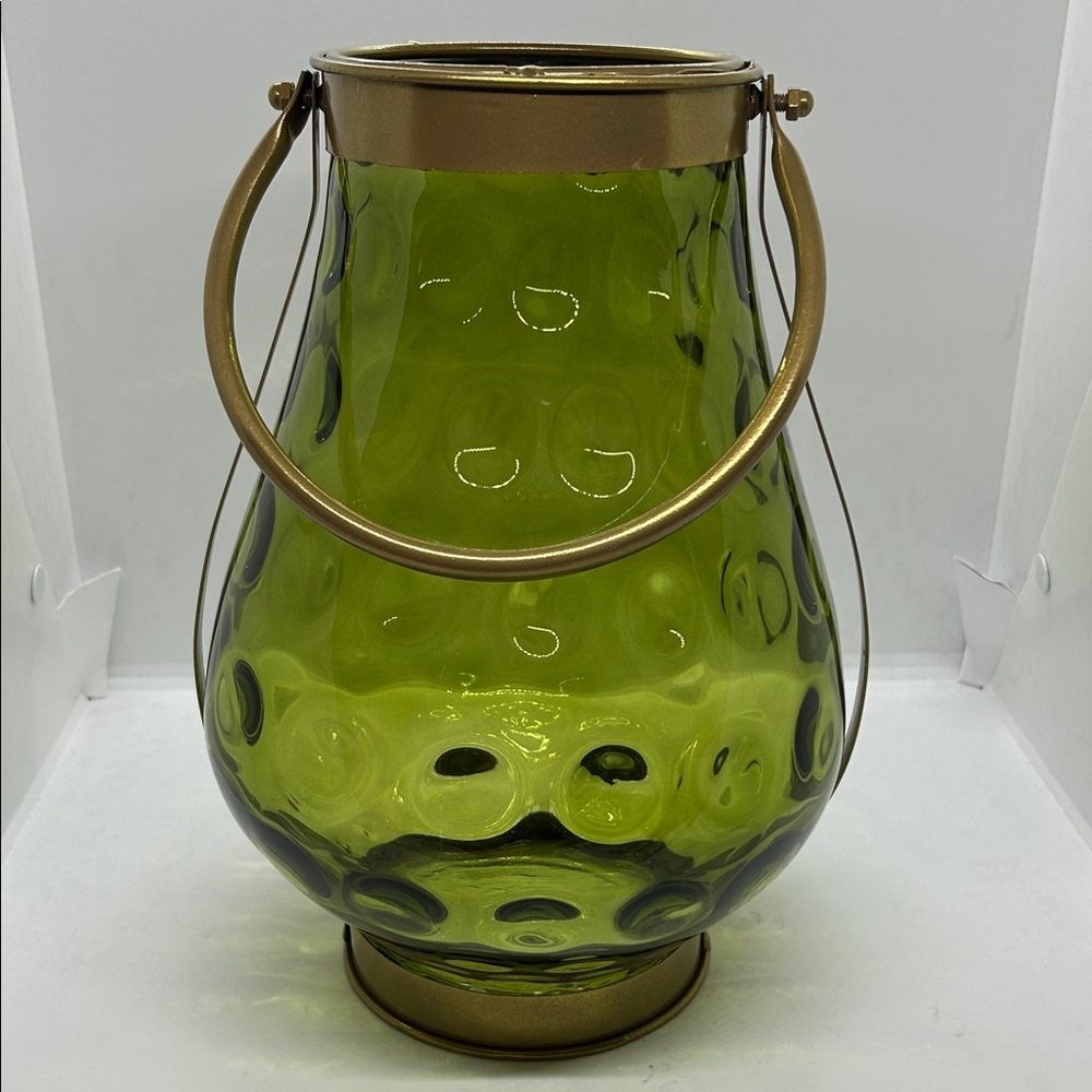 Green Glass With Gold Metal Handle Candle Holder 11” Decor